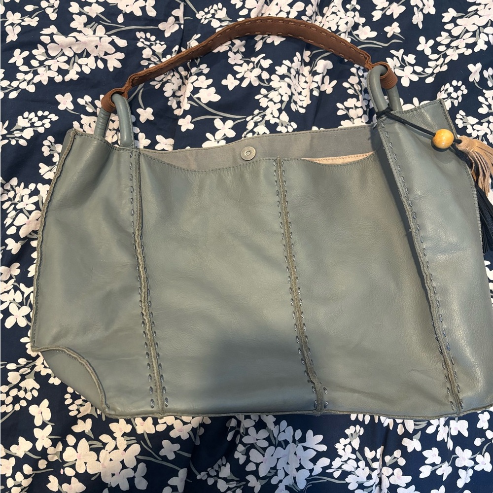 The Sak Light Blue Leather Tote with Brown Handle